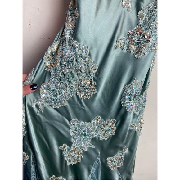 Vintage Cache Silk Gown Beaded Lace Sequin Gemstone Slinky Low Back Dress - SZ 8 - Picture 7 of 12